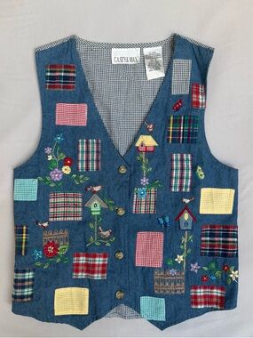 Casey & Max Blue Embroidered Patchwork Denim Vest